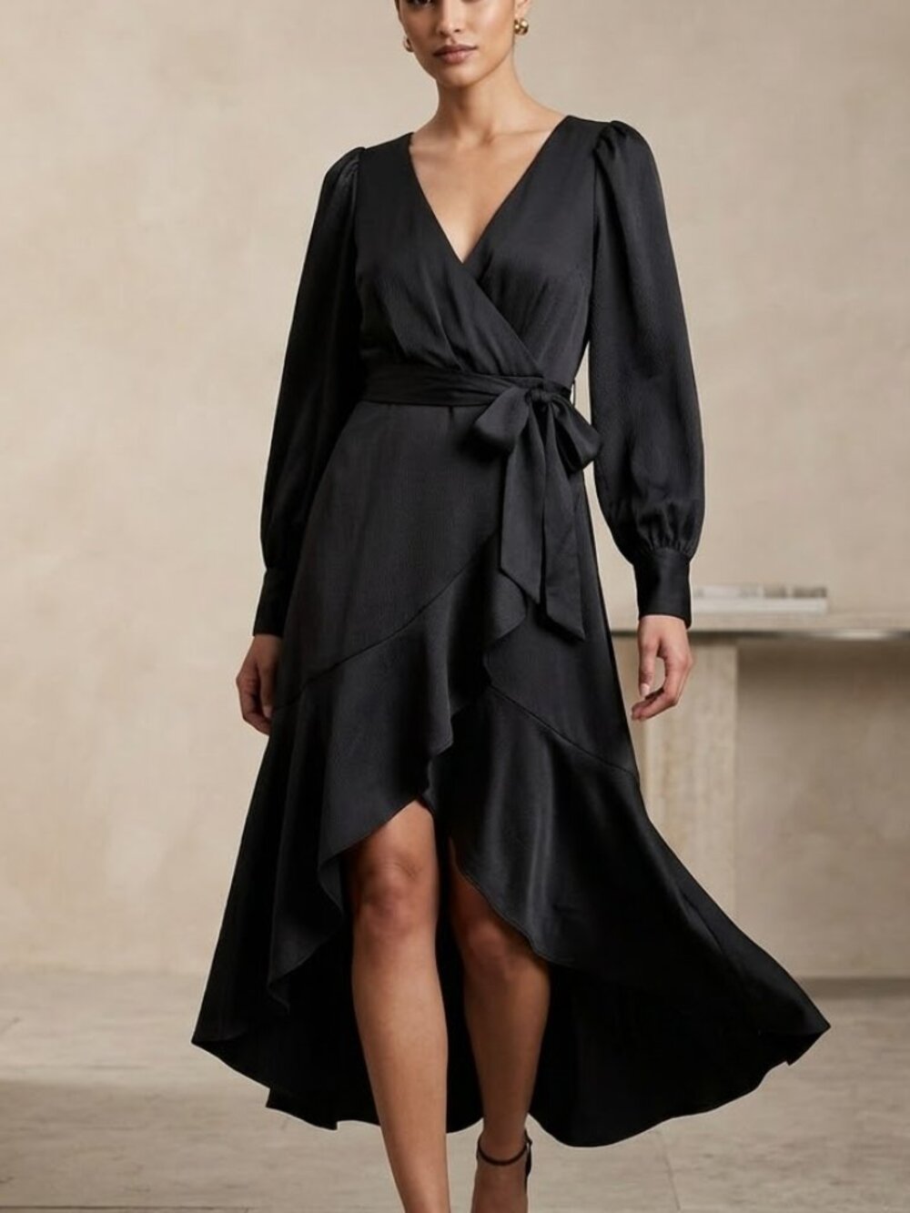 NWT Express Black Satin Faux Wrap Formal Dress High Low Hem Small MSRP $108 LBD